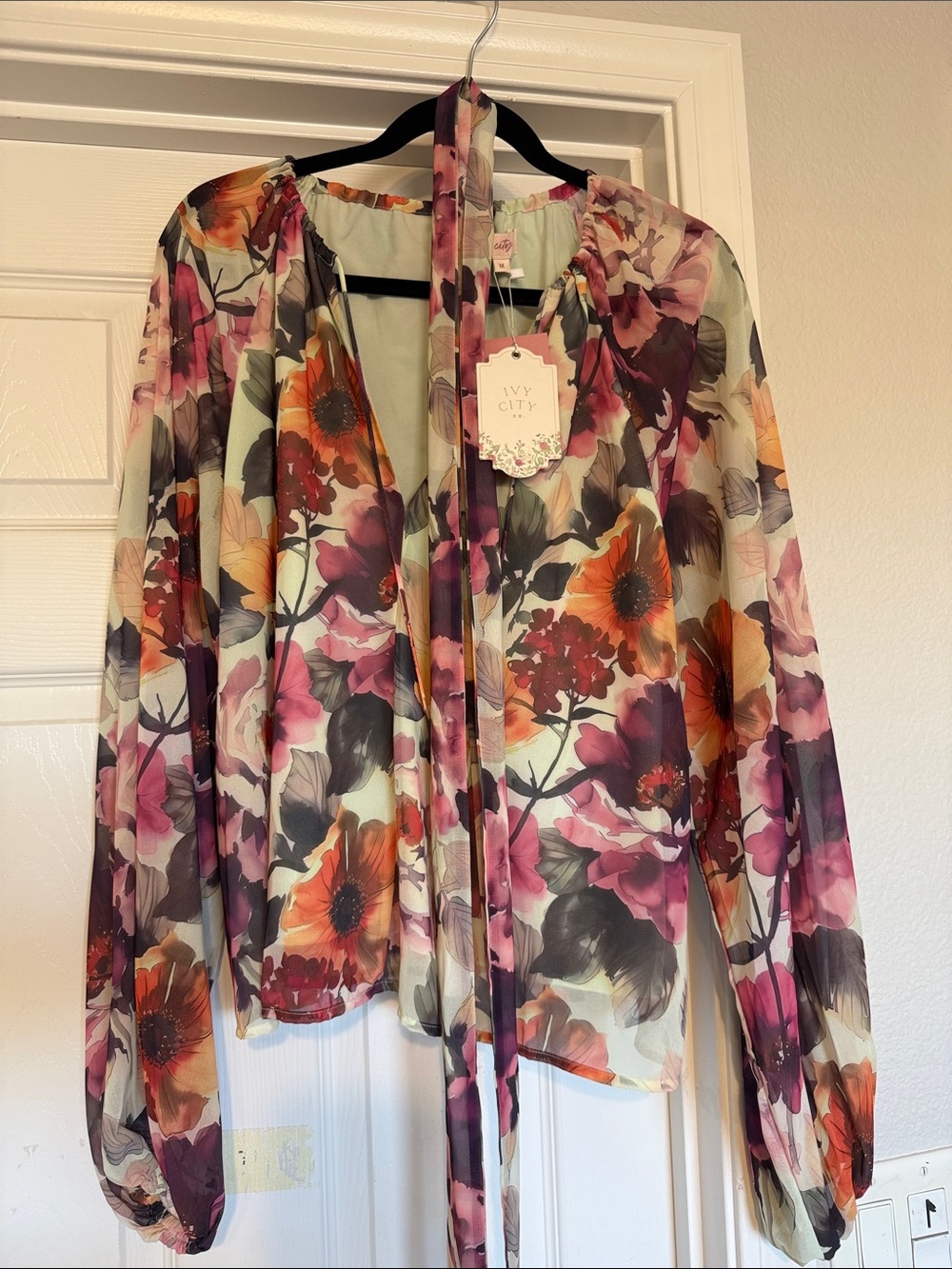 Ivy City Co Floral Tie-Neck Sheer Blouse in Pink, Purple & Orange